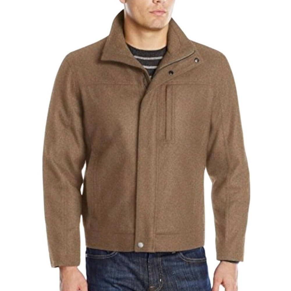 London Fog Wool Blend Bomber Jacket With Full Zip Snap Toast Heather Size L